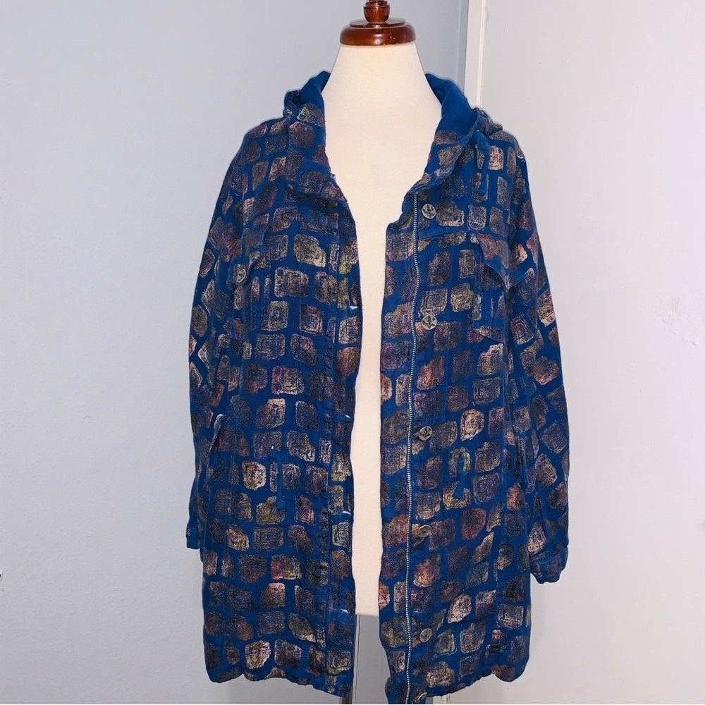 100% Linen Jacket M Women Luxury Blue Hooded Abstract Print Art Limited Edition